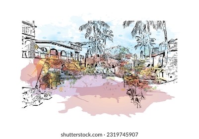 Building view with landmark of Punta Cana is the town in the Dominican Republic. Watercolor splash with hand drawn sketch illustration in vector.