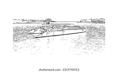 Building view with landmark of Punta Cana is the town in the Dominican Republic. Hand drawn sketch illustration in vector.