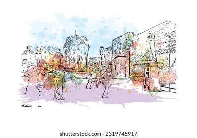 Building view with landmark of Punta Cana is the town in the Dominican Republic. Watercolor splash with hand drawn sketch illustration in vector.