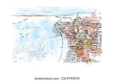 Building view with landmark of Punta Cana is the town in the Dominican Republic. Watercolor splash with hand drawn sketch illustration in vector.
