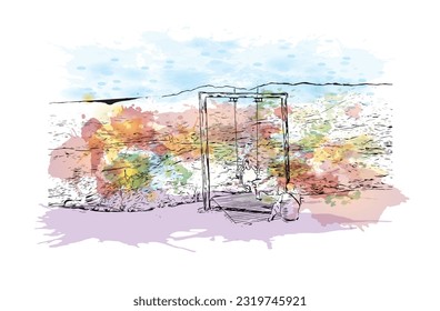 Building view with landmark of Punta Cana is the town in the Dominican Republic. Watercolor splash with hand drawn sketch illustration in vector.