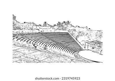 Building view with landmark of Punta Cana is the town in the Dominican Republic. Hand drawn sketch illustration in vector.