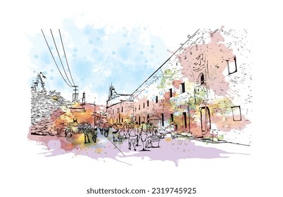Building view with landmark of Punta Cana is the town in the Dominican Republic. Watercolor splash with hand drawn sketch illustration in vector.