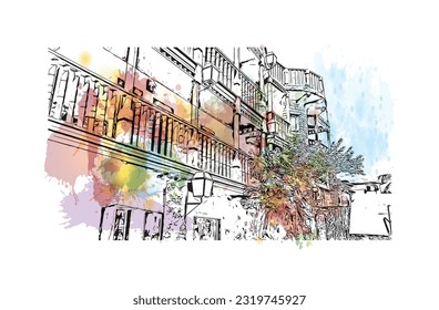 Building view with landmark of Punta Cana is the town in the Dominican Republic. Watercolor splash with hand drawn sketch illustration in vector.