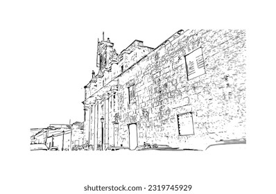 Building view with landmark of Punta Cana is the town in the Dominican Republic. Hand drawn sketch illustration in vector.