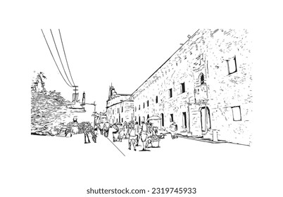 Building view with landmark of Punta Cana is the town in the Dominican Republic. Hand drawn sketch illustration in vector.