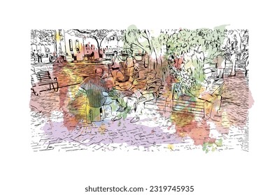 Building view with landmark of Punta Cana is the town in the Dominican Republic. Watercolor splash with hand drawn sketch illustration in vector.