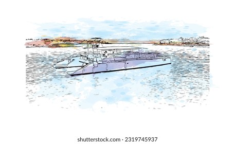 Building view with landmark of Punta Cana is the town in the Dominican Republic. Watercolor splash with hand drawn sketch illustration in vector.