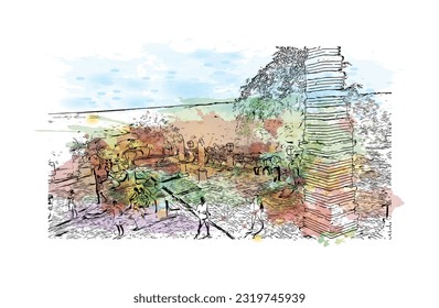 Building view with landmark of Punta Cana is the town in the Dominican Republic. Watercolor splash with hand drawn sketch illustration in vector.