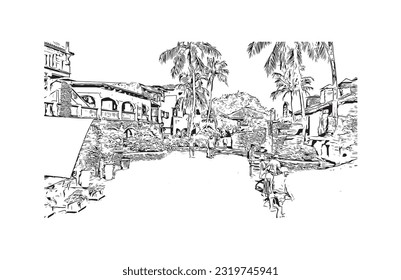 Building view with landmark of Punta Cana is the town in the Dominican Republic. Hand drawn sketch illustration in vector.