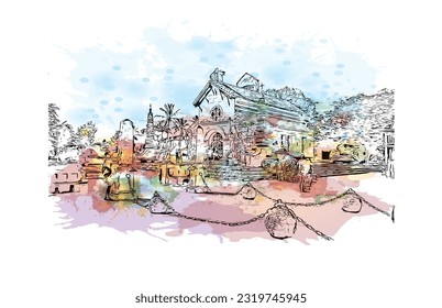 Building view with landmark of Punta Cana is the town in the Dominican Republic. Watercolor splash with hand drawn sketch illustration in vector.
