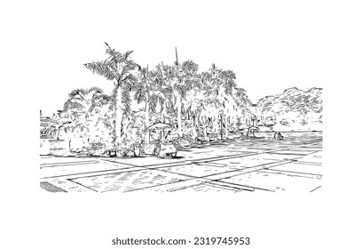 La ciudad de la República Dominicana cuenta con vistas al edificio con un punto de referencia de Punta Cana. Dibujo a mano de ilustración de esbozo en vector.