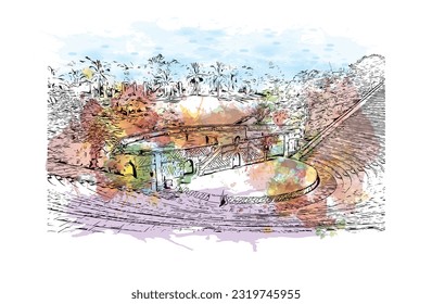 Building view with landmark of Punta Cana is the town in the Dominican Republic. Watercolor splash with hand drawn sketch illustration in vector.