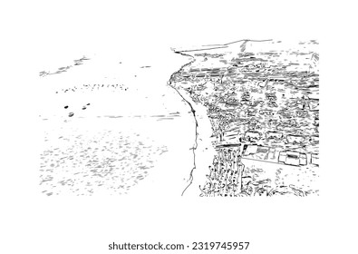 Building view with landmark of Punta Cana is the town in the Dominican Republic. Hand drawn sketch illustration in vector.