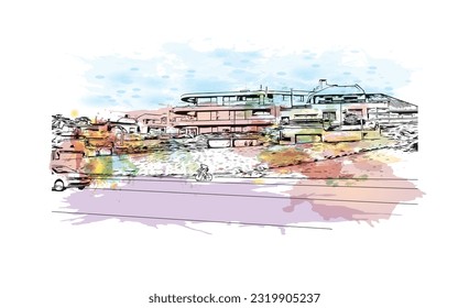 Building view with landmark of Punta Gorda is the city in Florida.
Watercolor splash with hand drawn sketch illustration in vector.