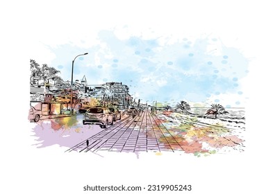 Building view with landmark of Punta Gorda is the city in Florida.
Watercolor splash with hand drawn sketch illustration in vector.
