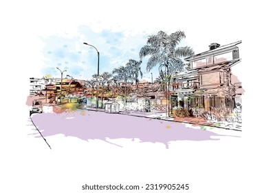 Building view with landmark of Punta Gorda is the city in Florida.
Watercolor splash with hand drawn sketch illustration in vector.