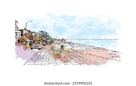 Building view with landmark of Punta Gorda is the city in Florida.
Watercolor splash with hand drawn sketch illustration in vector.