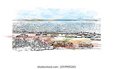 Building view with landmark of Punta Gorda is the city in Florida.
Watercolor splash with hand drawn sketch illustration in vector.