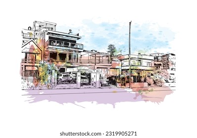 Building view with landmark of Punta Gorda is the city in Florida.
Watercolor splash with hand drawn sketch illustration in vector.