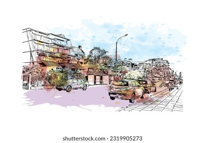 Building view with landmark of Punta Gorda is the city in Florida.
Watercolor splash with hand drawn sketch illustration in vector.