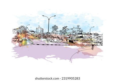 Building view with landmark of Punta Gorda is the city in Florida.
Watercolor splash with hand drawn sketch illustration in vector.