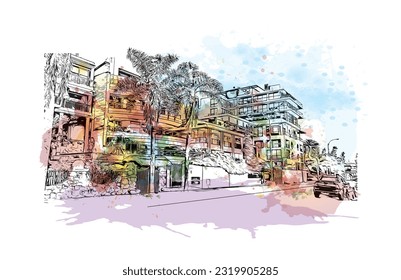 Building view with landmark of Punta Gorda is the city in Florida.
Watercolor splash with hand drawn sketch illustration in vector.