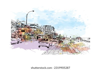 Building view with landmark of Punta Gorda is the city in Florida.
Watercolor splash with hand drawn sketch illustration in vector.