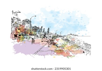 Building view with landmark of Punta Gorda is the city in Florida.
Watercolor splash with hand drawn sketch illustration in vector.