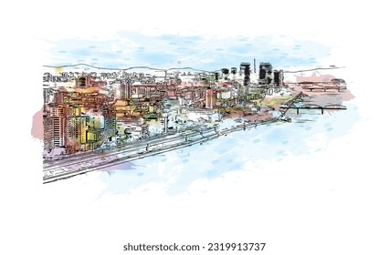 Building view with landmark of Pyongyang is the capital in North Korea. Watercolor splash with hand drawn sketch illustration in vector.