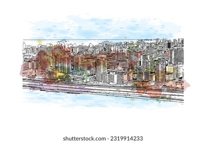 Building view with landmark of Pyongyang is the capital in North Korea. Watercolor splash with hand drawn sketch illustration in vector.