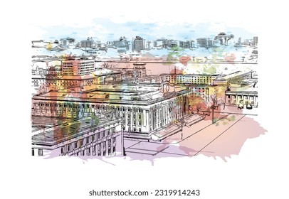 Building view with landmark of Pyongyang is the capital in North Korea. Watercolor splash with hand drawn sketch illustration in vector.