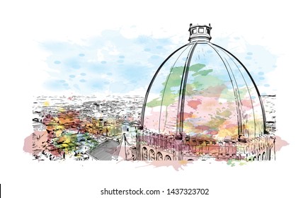 Building view with landmark of Qubec is a predominantly French-speaking province in eastern Canada. Watercolor splash with Hand drawn sketch illustration in vector.