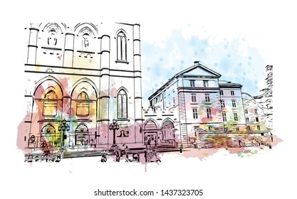 Building view with landmark of Qubec is a predominantly French-speaking province in eastern Canada. Watercolor splash with Hand drawn sketch illustration in vector.