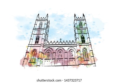 Building view with landmark of Qubec is a predominantly French-speaking province in eastern Canada. Watercolor splash with Hand drawn sketch illustration in vector.