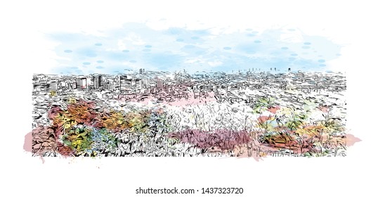 Building view with landmark of Qubec is a predominantly French-speaking province in eastern Canada. Watercolor splash with Hand drawn sketch illustration in vector.