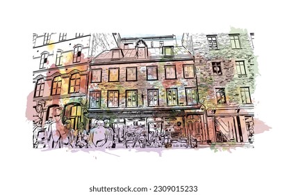 Building view with landmark of Quebec is the city in Canada.
Watercolor splash with hand drawn sketch illustration in vector.