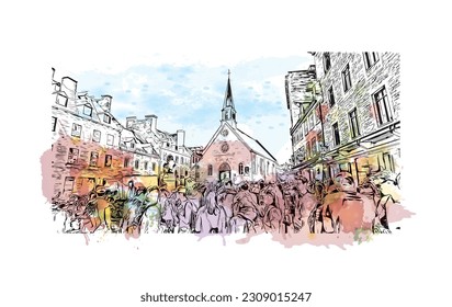 Building view with landmark of Quebec is the city in Canada.
Watercolor splash with hand drawn sketch illustration in vector.