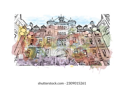 Building view with landmark of Quebec is the city in Canada.
Watercolor splash with hand drawn sketch illustration in vector.