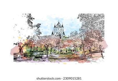 Building view with landmark of Quebec is the city in Canada.
Watercolor splash with hand drawn sketch illustration in vector.