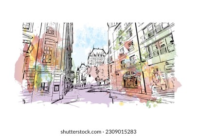 Building view with landmark of Quebec is the city in Canada.
Watercolor splash with hand drawn sketch illustration in vector.
