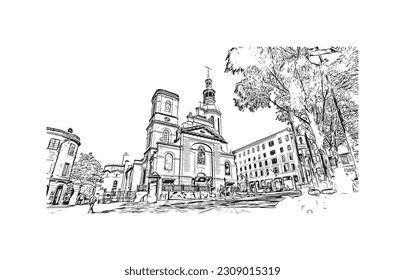 Building view with landmark of Quebec is the city in Canada.
Hand drawn sketch illustration in vector.