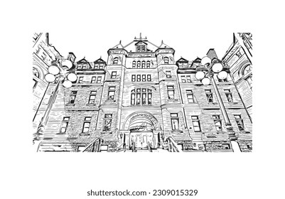 Building view with landmark of Quebec is the city in Canada.
Hand drawn sketch illustration in vector.