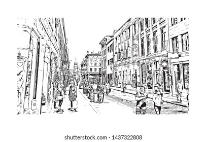 Building view with landmark of Quebec is a predominantly French-speaking province in eastern Canada. Hand drawn sketch illustration in vector.