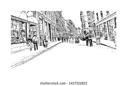 Building view with landmark of Quebec is a predominantly French-speaking province in eastern Canada. Hand drawn sketch illustration in vector.