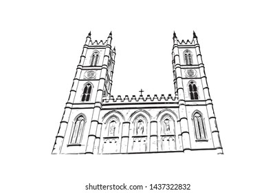 Building view with landmark of Quebec is a predominantly French-speaking province in eastern Canada. Hand drawn sketch illustration in vector.