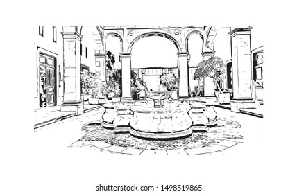 Building view with landmark of Queretaro is a small state in north-central Mexico. Hand drawn sketch illustration in vector.