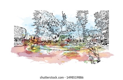 Building view with landmark of Queretaro is a small state in north-central Mexico. Watercolor splash with Hand drawn sketch illustration in vector.