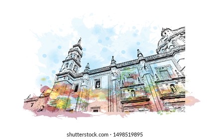 Building view with landmark of Queretaro is a small state in north-central Mexico. Watercolor splash with Hand drawn sketch illustration in vector.