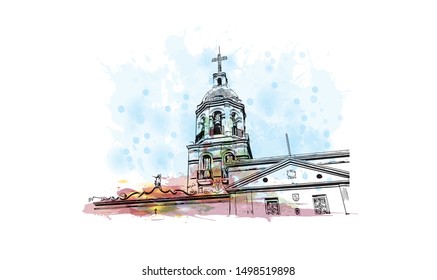 Building view with landmark of Queretaro is a small state in north-central Mexico. Watercolor splash with Hand drawn sketch illustration in vector.